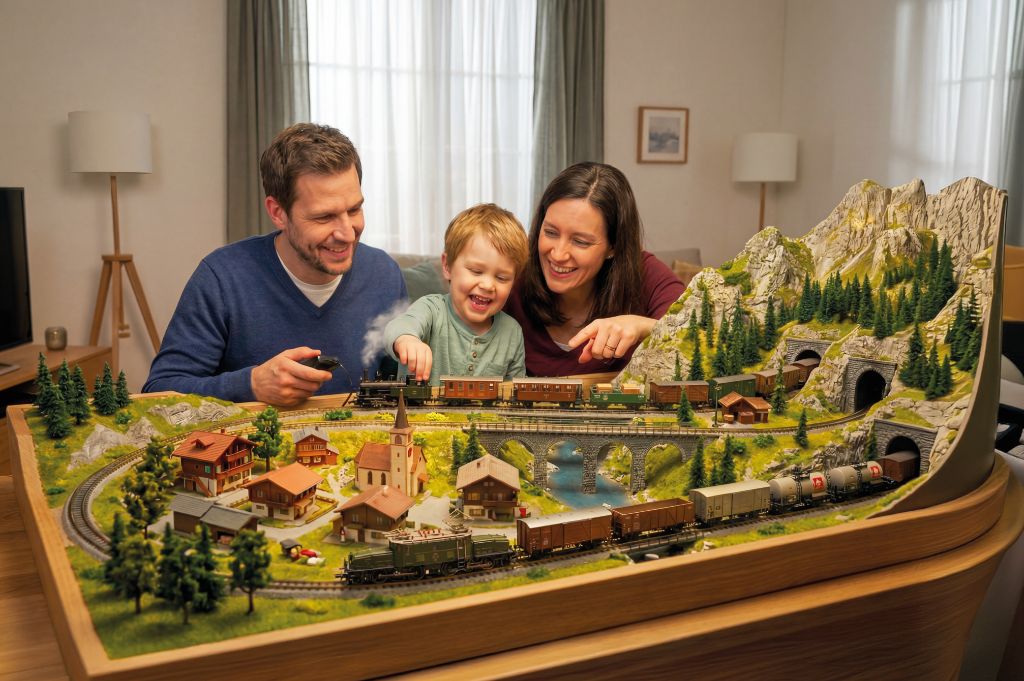 Famille passionnée de modélisme ferroviaire devant un diorama Swiss Hobby