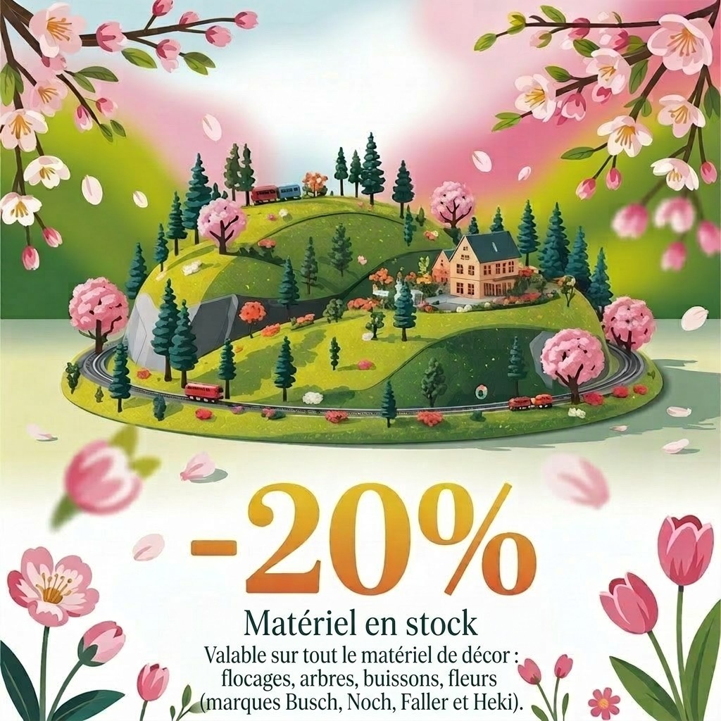 Offre printemps : -20% sur le matériel de décoration en stock (flocages, arbres, buissons, fleurs) Busch, Noch, Faller, Heki. Valable jusqu'à la fin du mois. Swiss Hobby.