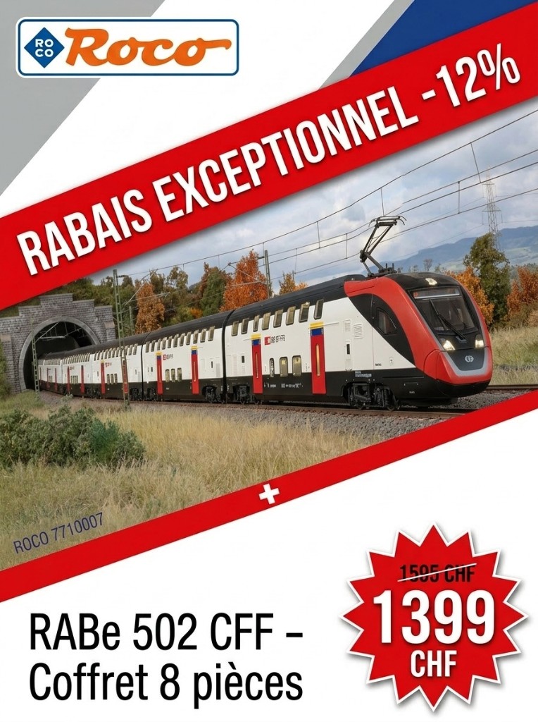 Roco : rabais -12 % sur le coffret RABe 502 CFF, 8 pièces. 1399 CHF au lieu de 1595 CHF. Visuel commun versions AC et DC.